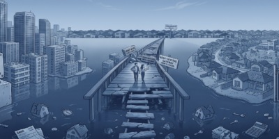 Conceptual illustration of a couple walking across a broken wooden pier toward suburban homeownership, obstructed by signs for land tax burden, SMSF bans, negative gearing restrictions, and zoning regulations.