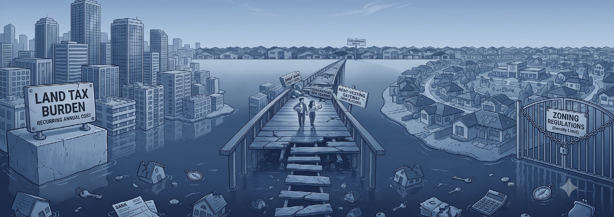 Conceptual illustration of a couple walking across a broken wooden pier toward suburban homeownership, obstructed by signs for land tax burden, SMSF bans, negative gearing restrictions, and zoning regulations.